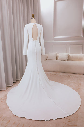 Vestido de novia sirena de crepé de manga larga con escote en V profundo marfil con abertura frontal